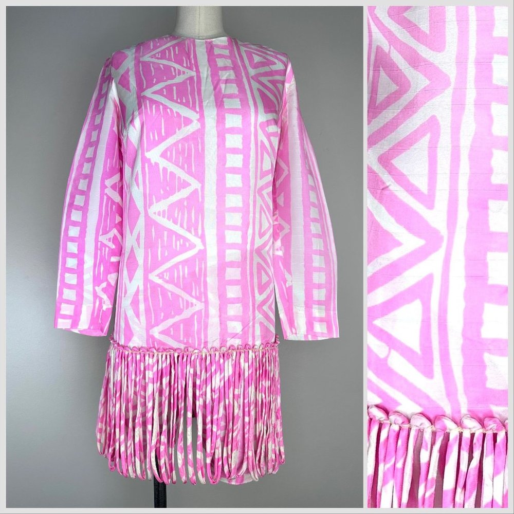Vintage 1960s Pink Geometric Print Fringed Mini Dress Shorts, Charm of Hollywood